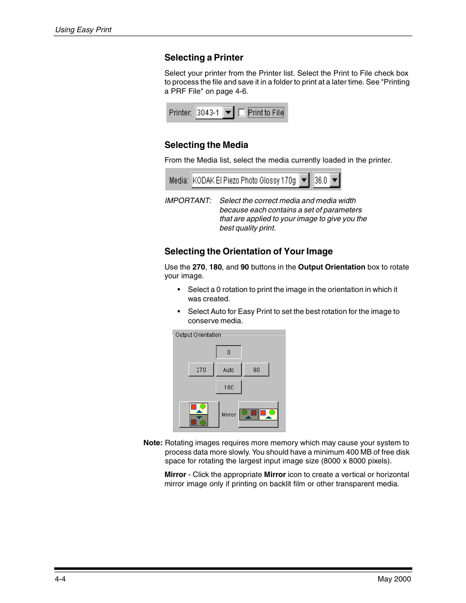 Selecting a printer, Selecting the media, Selecting the orientation of your image | Selecting a printer -4, Selecting the media -4, Selecting the orientation of your image -4 | Kodak 3000 User Manual | Page 28 / 36