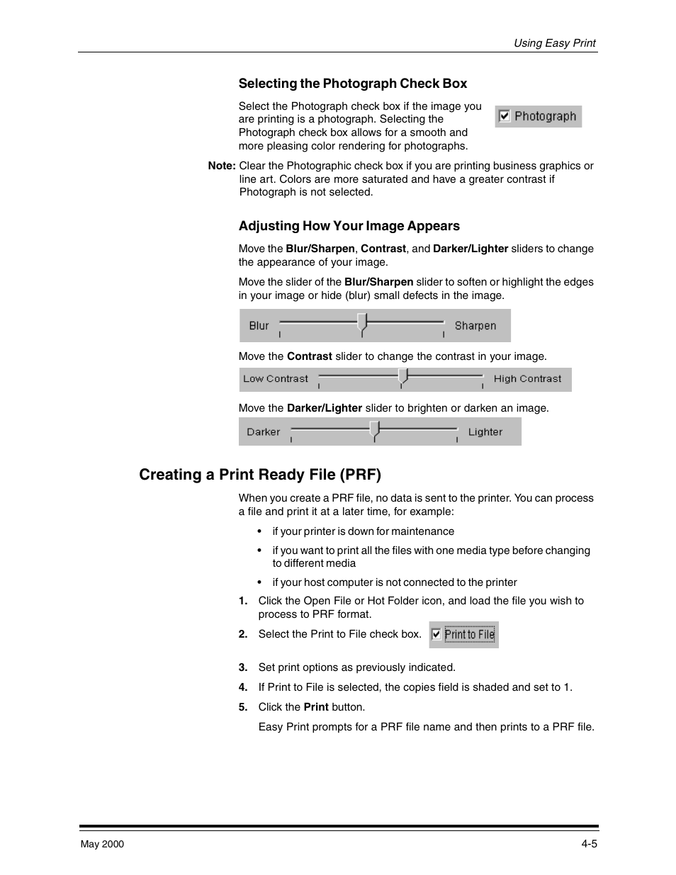 Selecting the photograph check box, Adjusting how your image appears, Creating a print ready file (prf) | Selecting the photograph check box -5, Creating a print ready file (prf) -5 | Kodak 3000 User Manual | Page 29 / 36