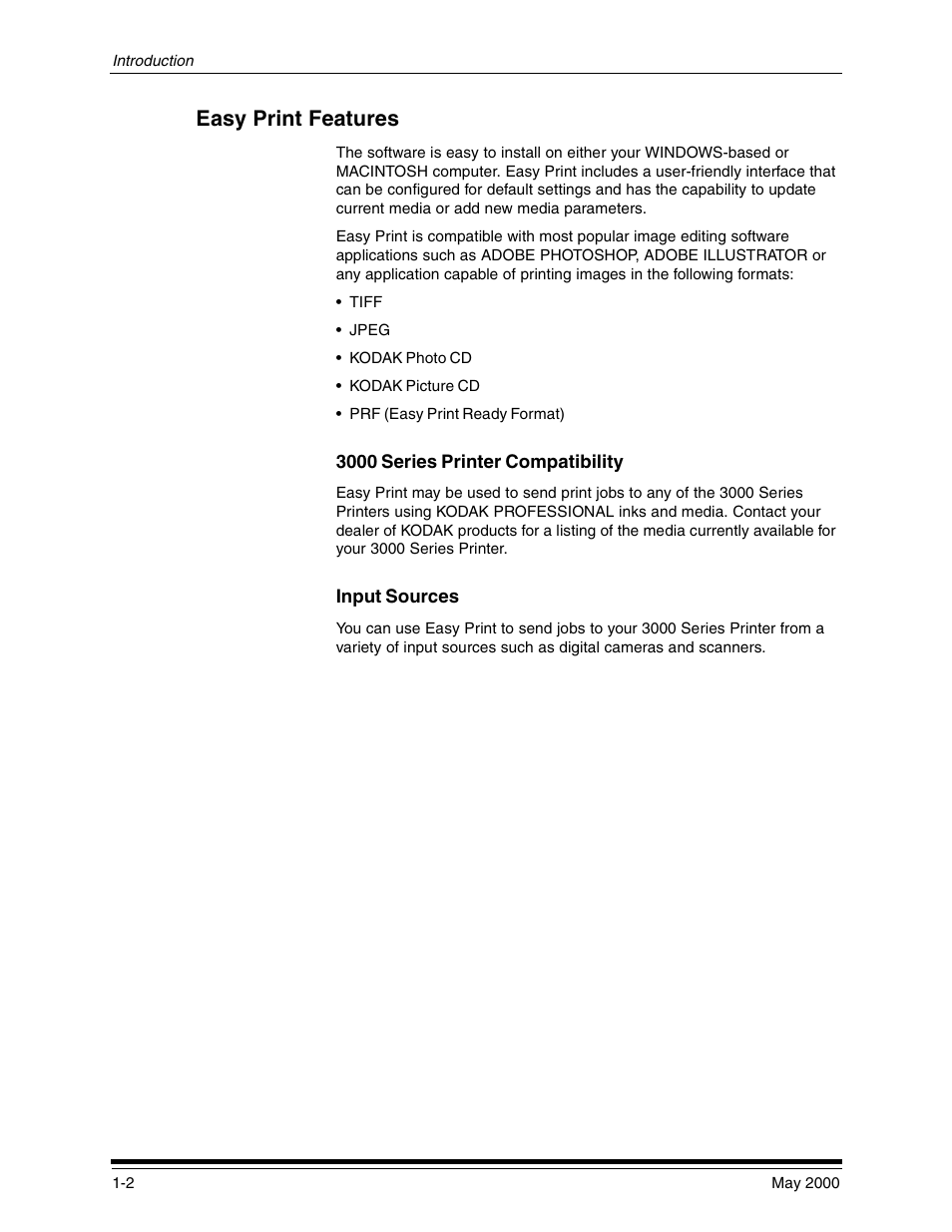 Easy print features, 3000 series printer compatibility, Input sources | Easy print features -2, 3000 series printer compatibility -2, Input sources -2 | Kodak 3000 User Manual | Page 8 / 36