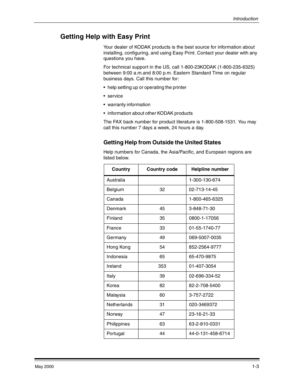 Getting help with easy print, Getting help from outside the united states, Getting help with easy print -3 | Getting help from outside the united states -3 | Kodak 3000 User Manual | Page 9 / 36