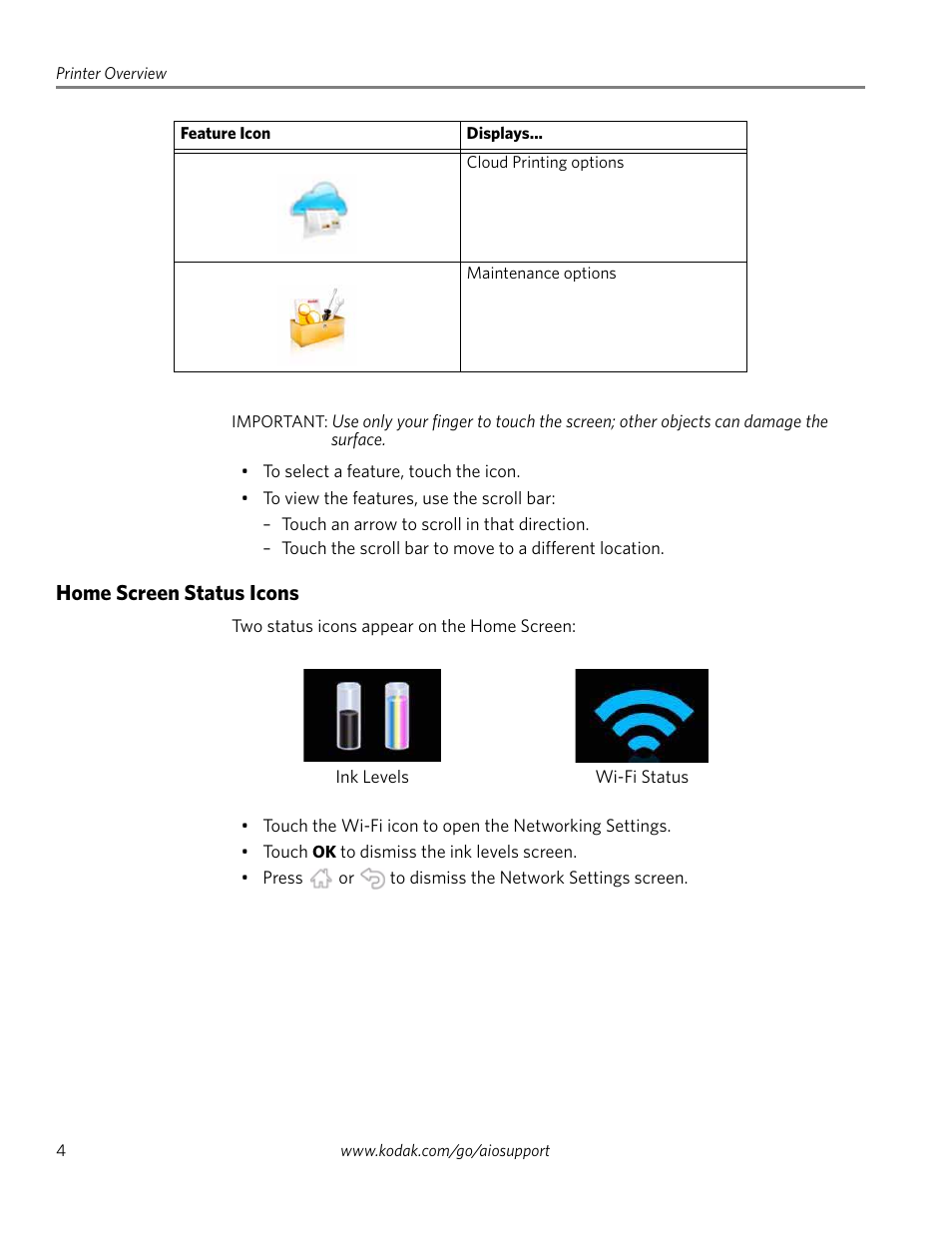 Home screen status icons | Kodak EASTMAN 3.2S User Manual | Page 10 / 123