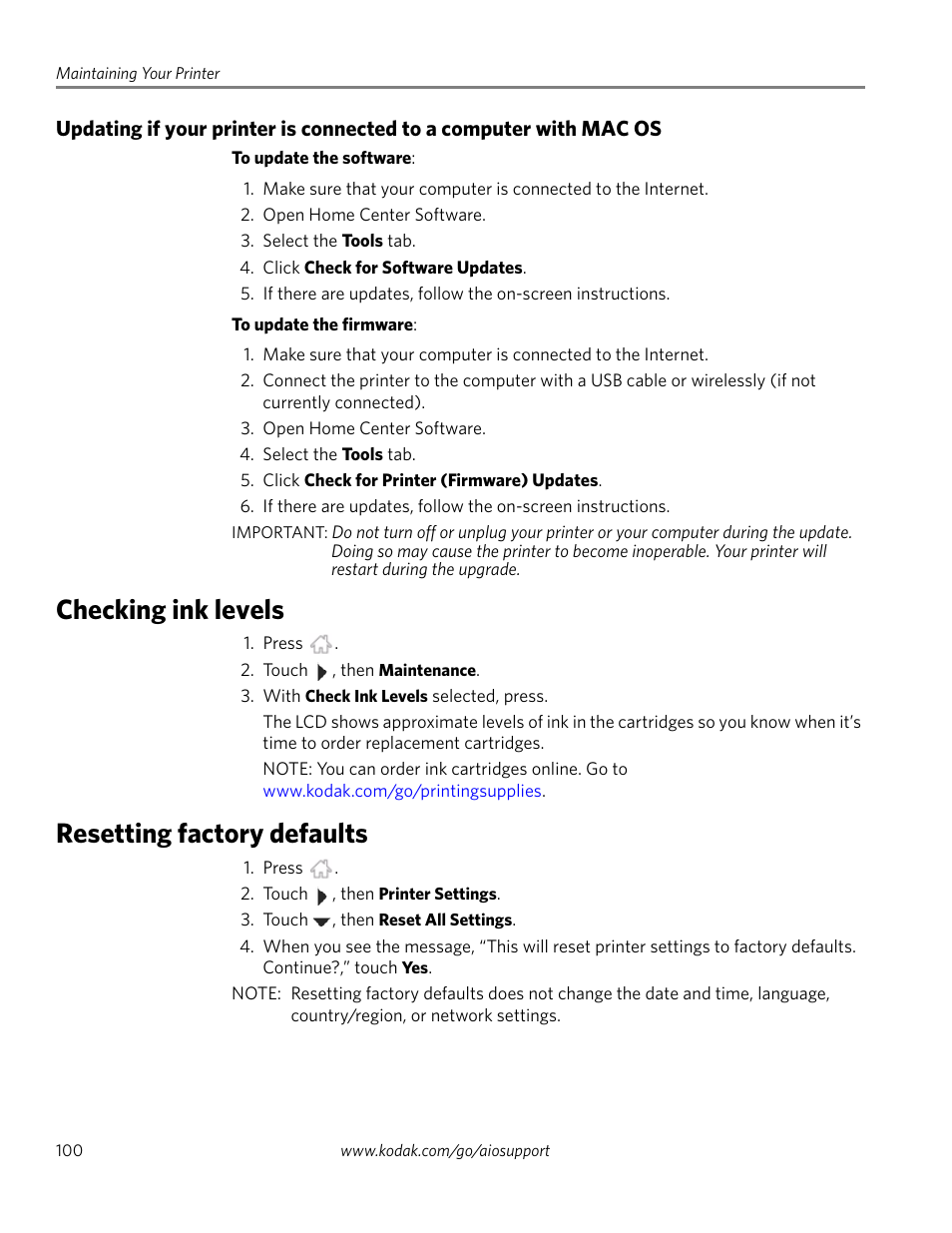 Checking ink levels, Resetting factory defaults, Checking ink levels resetting factory defaults | Resetting factory | Kodak EASTMAN 3.2S User Manual | Page 106 / 123