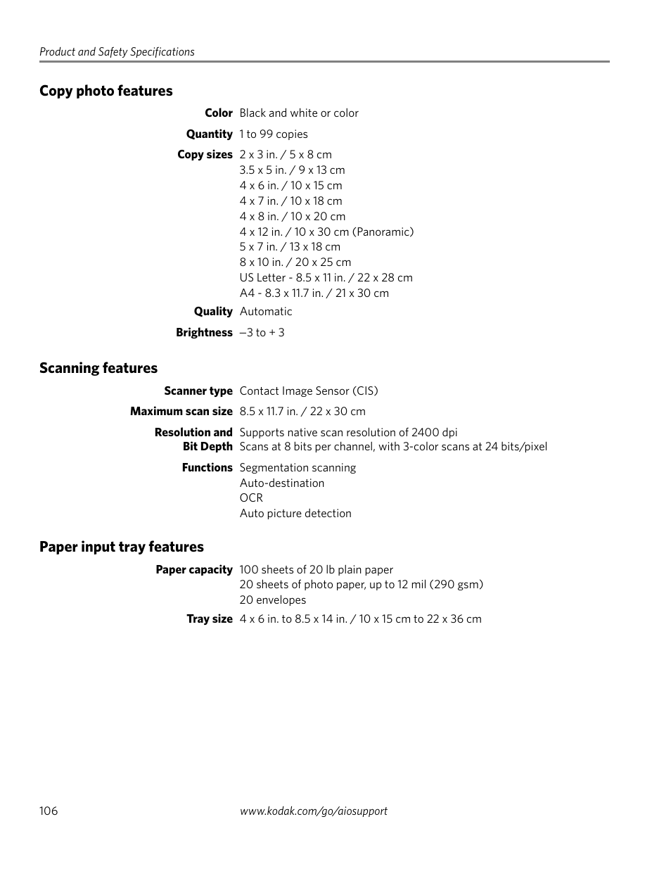 Copy photo features, Scanning features, Paper input tray features | Kodak EASTMAN 3.2S User Manual | Page 112 / 123