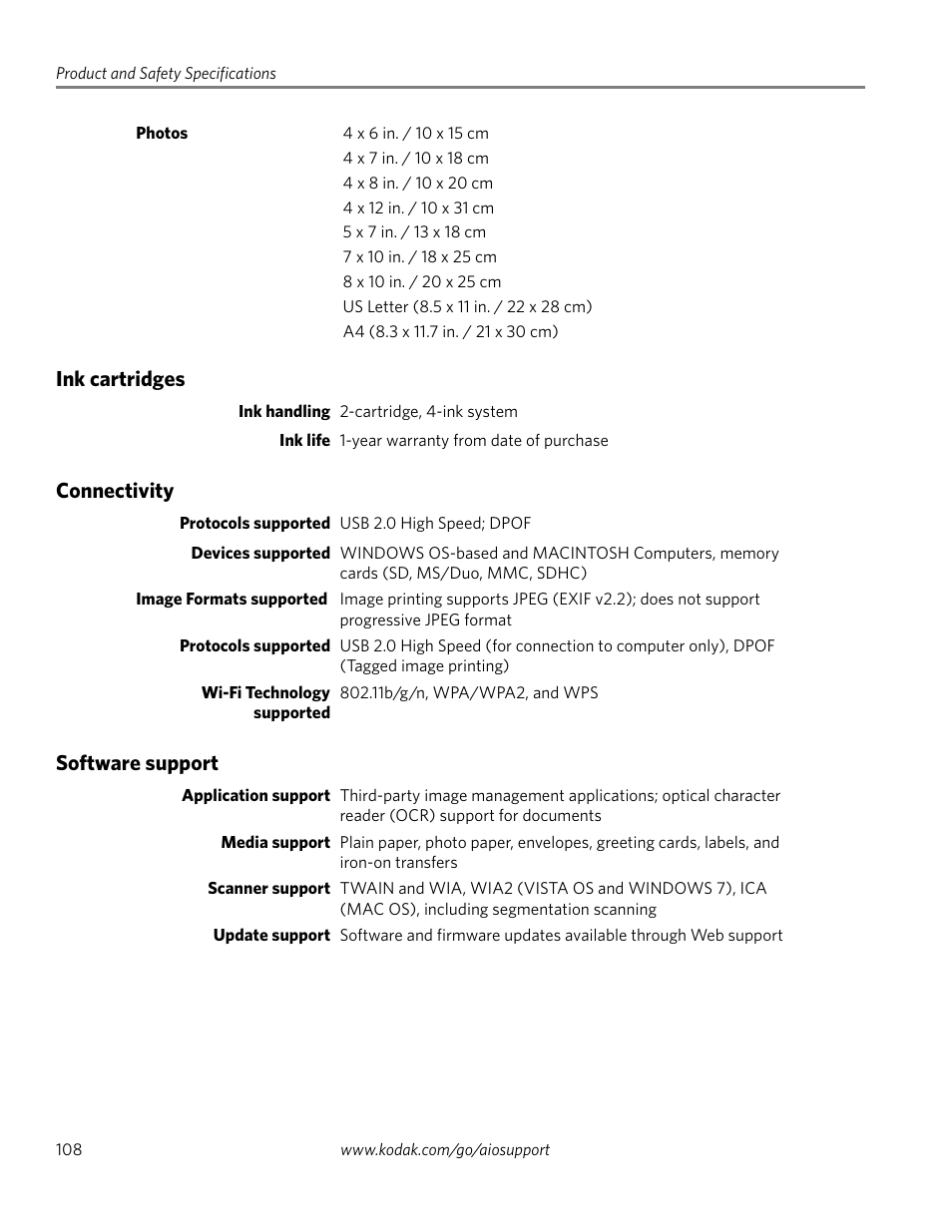 Ink cartridges, Connectivity, Software support | Ink cartridges connectivity software support | Kodak EASTMAN 3.2S User Manual | Page 114 / 123