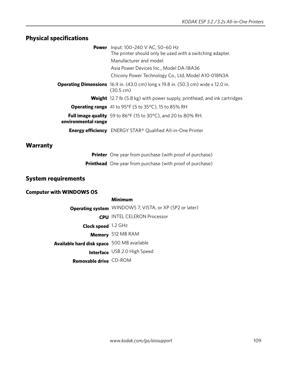 Physical specifications, Warranty, System requirements | Computer with windows os | Kodak EASTMAN 3.2S User Manual | Page 115 / 123