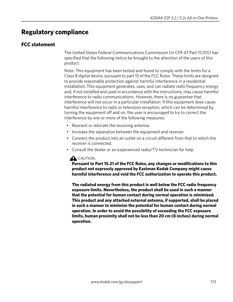 Regulatory compliance, Fcc statement | Kodak EASTMAN 3.2S User Manual | Page 119 / 123