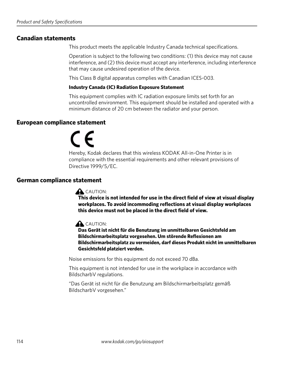 Canadian statements, European compliance statement, German compliance statement | Kodak EASTMAN 3.2S User Manual | Page 120 / 123