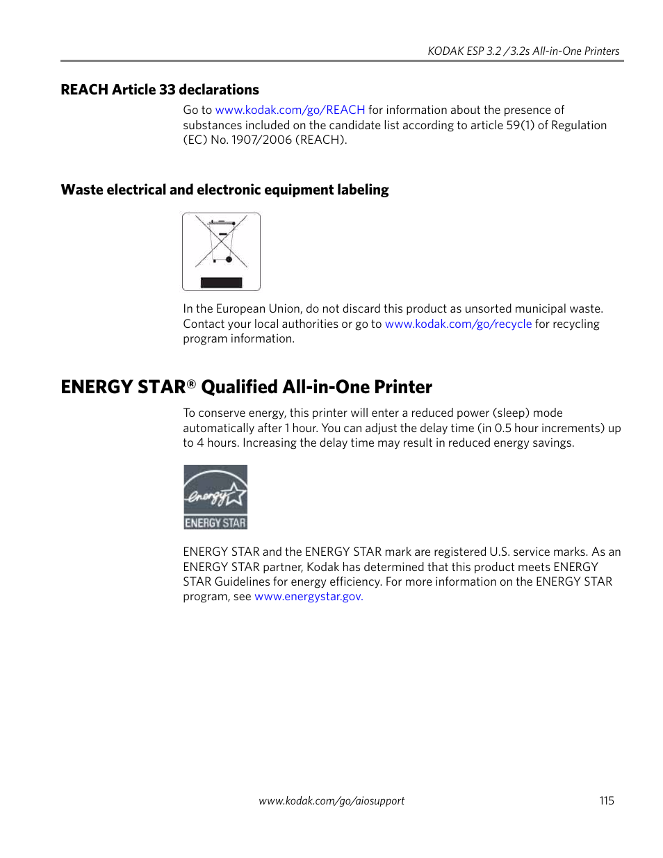 Reach article 33 declarations, Waste electrical and electronic equipment labeling, Energy star® qualified all-in-one printer | Kodak EASTMAN 3.2S User Manual | Page 121 / 123