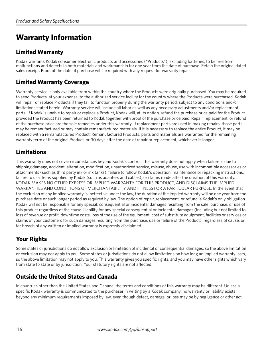 Warranty information | Kodak EASTMAN 3.2S User Manual | Page 122 / 123