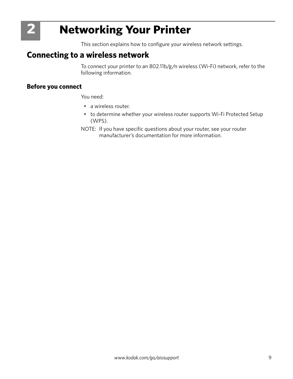 Networking your printer, Connecting to a wireless network, Before you connect | 2 networking your printer | Kodak EASTMAN 3.2S User Manual | Page 15 / 123