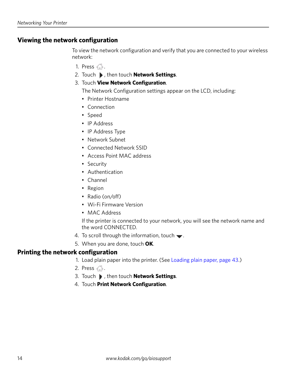 Viewing the network configuration, Printing the network configuration | Kodak EASTMAN 3.2S User Manual | Page 20 / 123