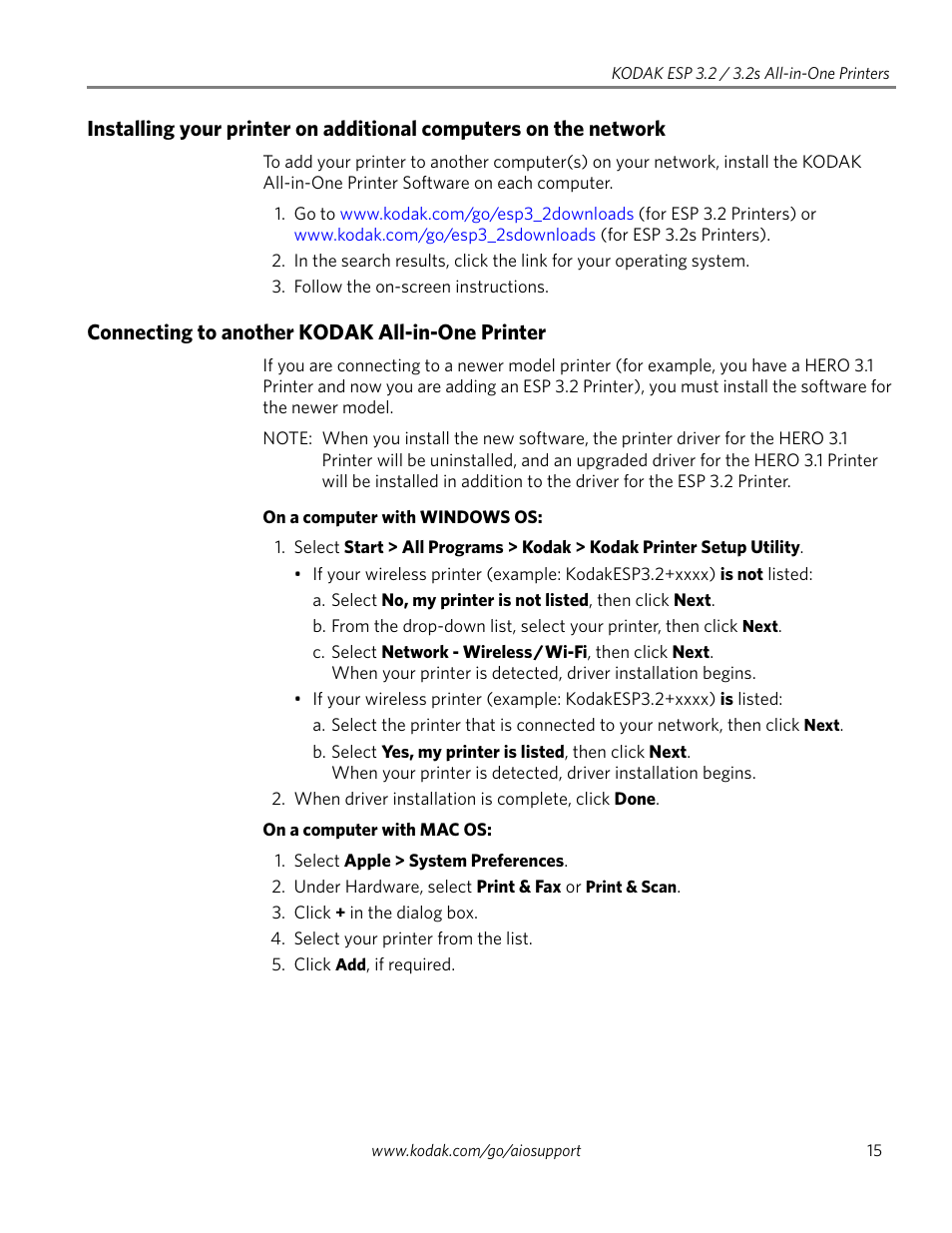 Connecting to another kodak all-in-one printer | Kodak EASTMAN 3.2S User Manual | Page 21 / 123