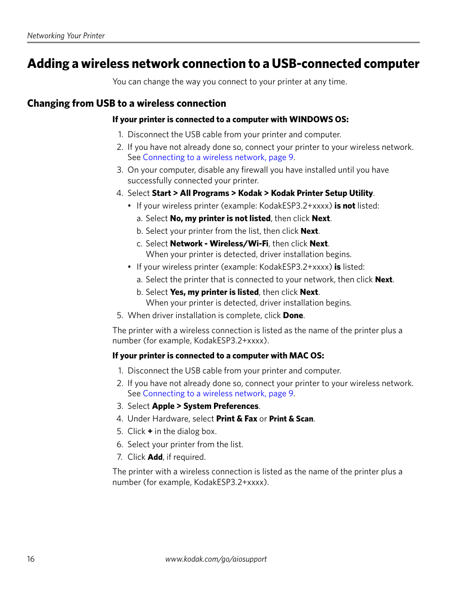 Changing from usb to a wireless connection | Kodak EASTMAN 3.2S User Manual | Page 22 / 123