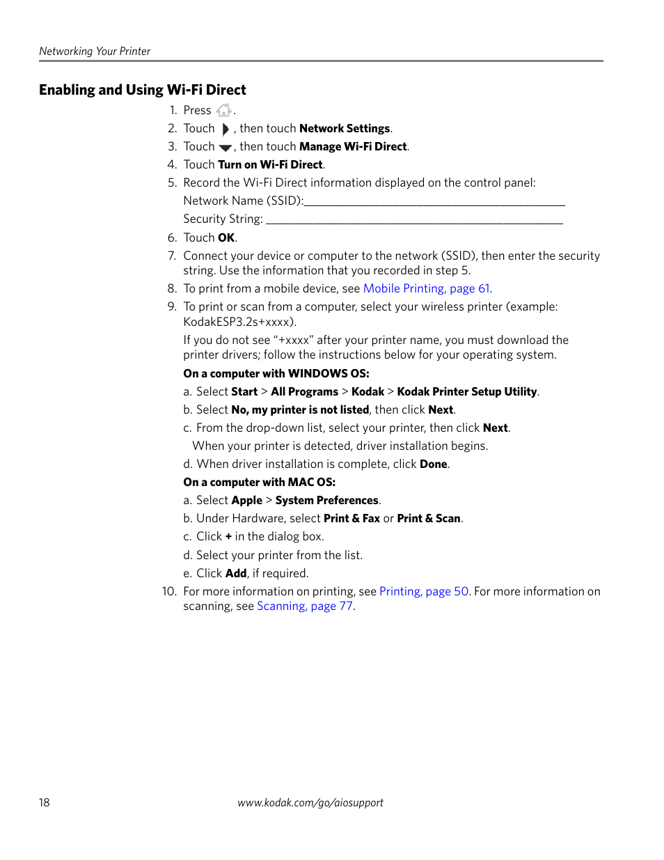 Enabling and using wi-fi direct | Kodak EASTMAN 3.2S User Manual | Page 24 / 123