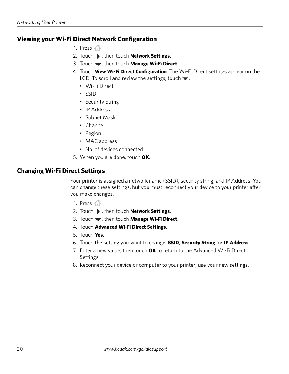 Viewing your wi-fi direct network configuration, Changing wi-fi direct settings | Kodak EASTMAN 3.2S User Manual | Page 26 / 123