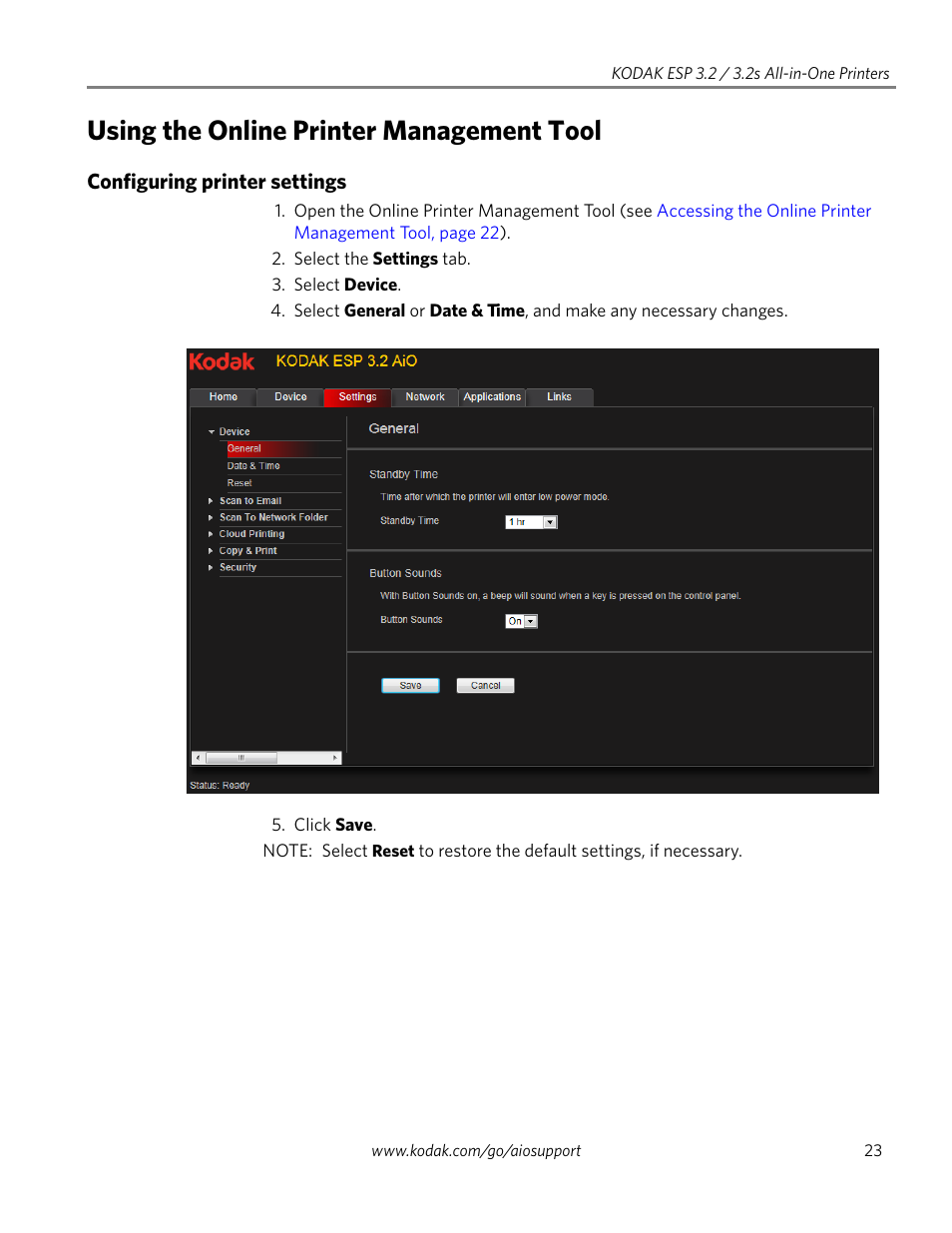 Using the online printer management tool, Configuring printer settings | Kodak EASTMAN 3.2S User Manual | Page 29 / 123