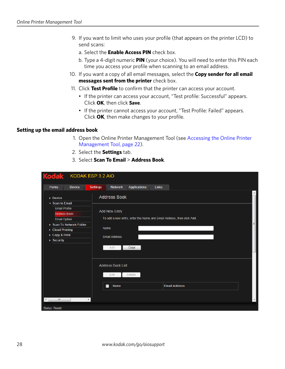 Setting up the email address book | Kodak EASTMAN 3.2S User Manual | Page 34 / 123