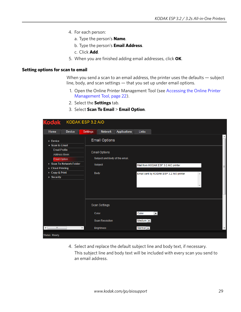 Setting options for scan to email | Kodak EASTMAN 3.2S User Manual | Page 35 / 123