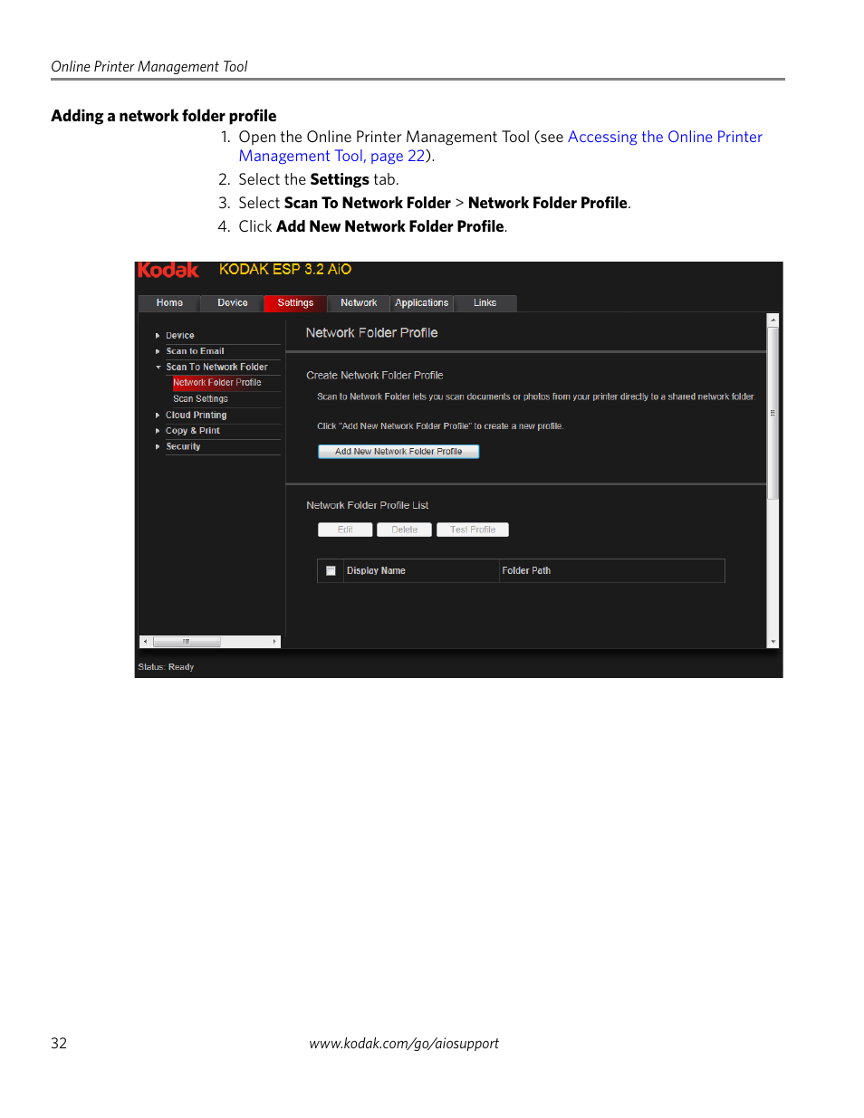Adding a network folder profile | Kodak EASTMAN 3.2S User Manual | Page 38 / 123