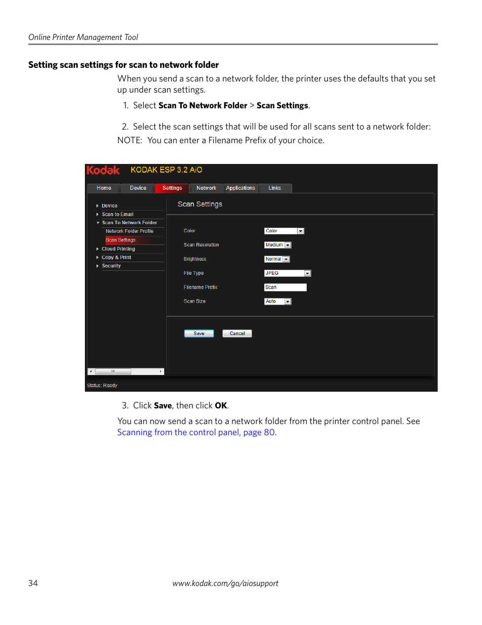 Setting scan settings for scan to network folder | Kodak EASTMAN 3.2S User Manual | Page 40 / 123