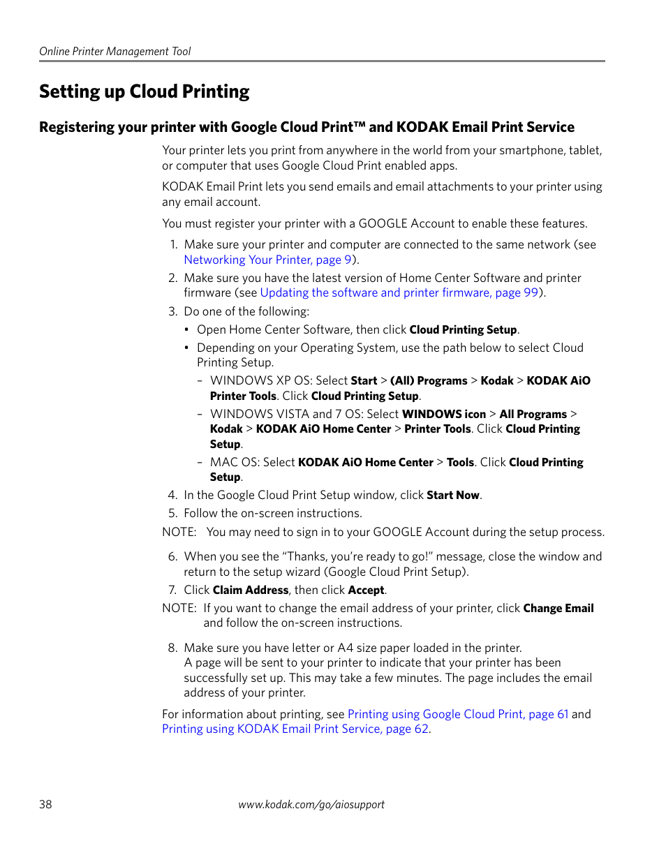 Setting up cloud printing | Kodak EASTMAN 3.2S User Manual | Page 44 / 123