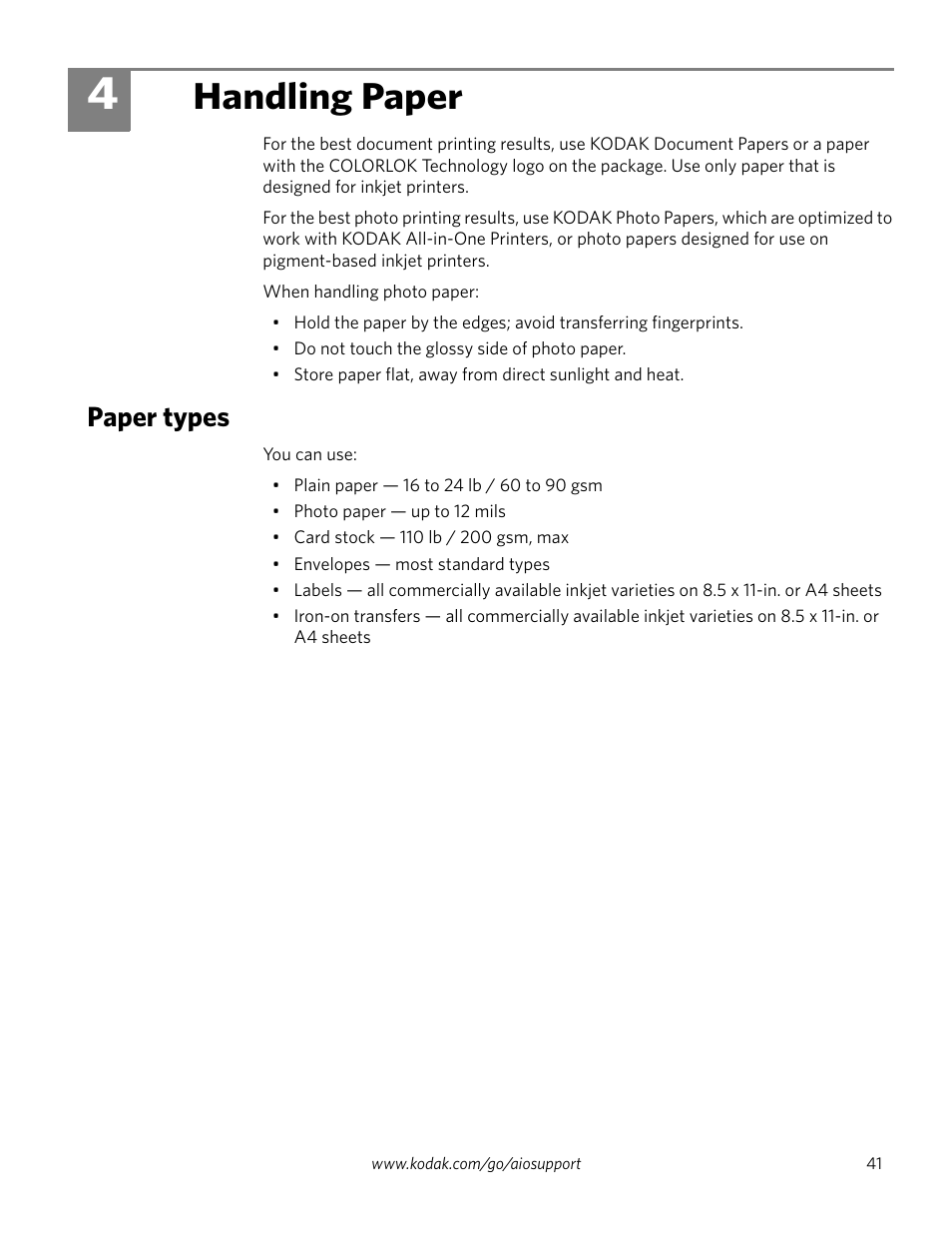 Handling paper, Paper types, 4 handling paper | Kodak EASTMAN 3.2S User Manual | Page 47 / 123