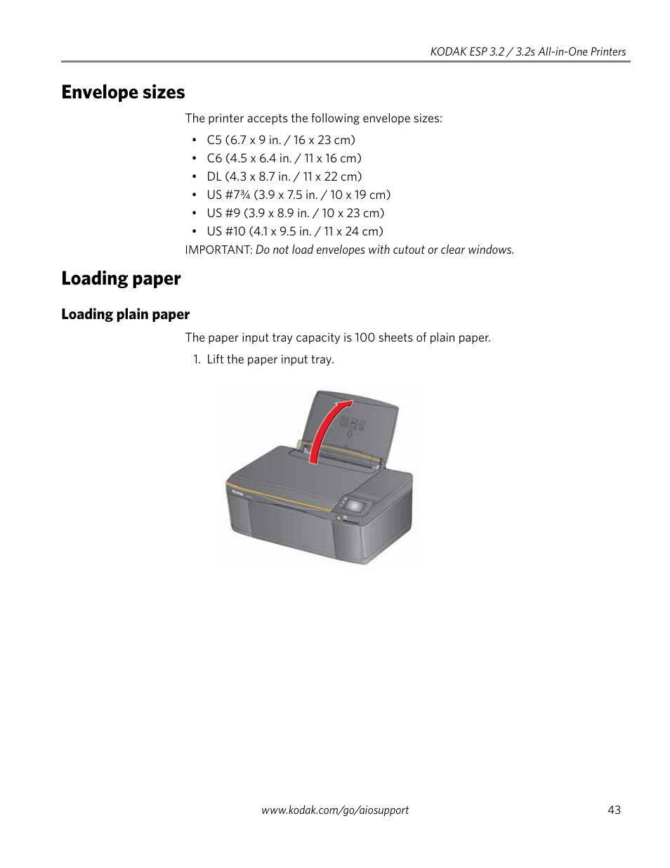 Envelope sizes, Loading paper, Loading plain paper | Kodak EASTMAN 3.2S User Manual | Page 49 / 123