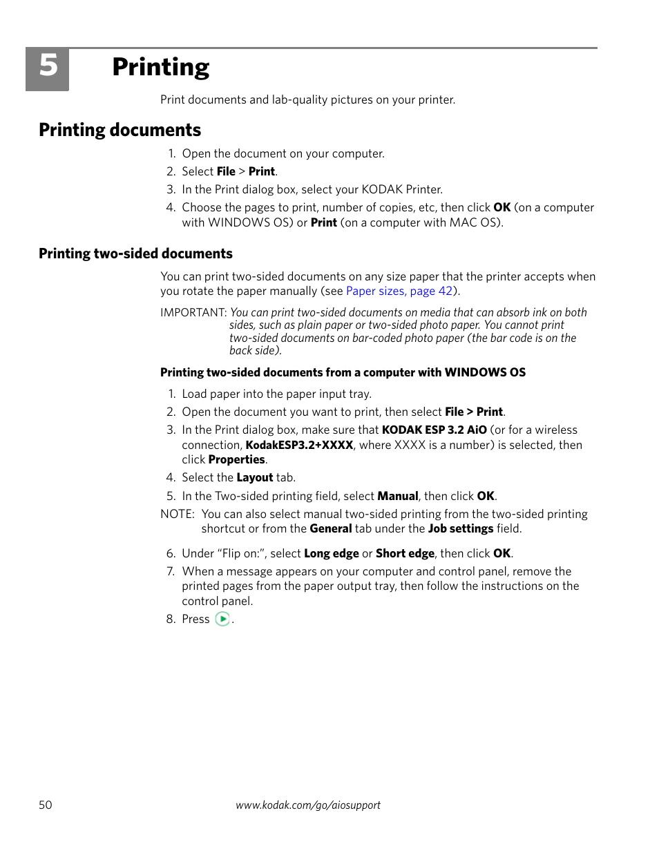 Printing, Printing documents, Printing two-sided documents | 5 printing | Kodak EASTMAN 3.2S User Manual | Page 56 / 123