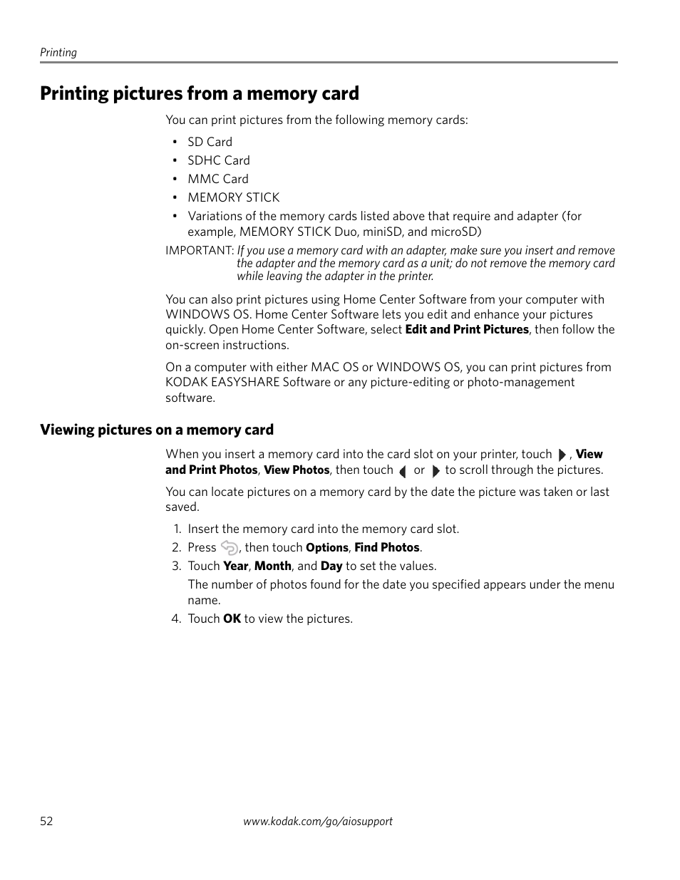 Printing pictures from a memory card, Viewing pictures on a memory card | Kodak EASTMAN 3.2S User Manual | Page 58 / 123