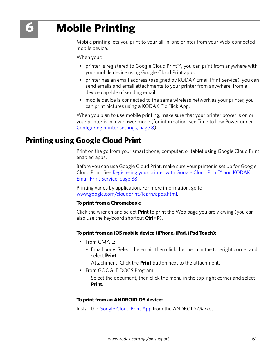 Mobile printing, Printing using google cloud print, 6 mobile printing | Kodak EASTMAN 3.2S User Manual | Page 67 / 123