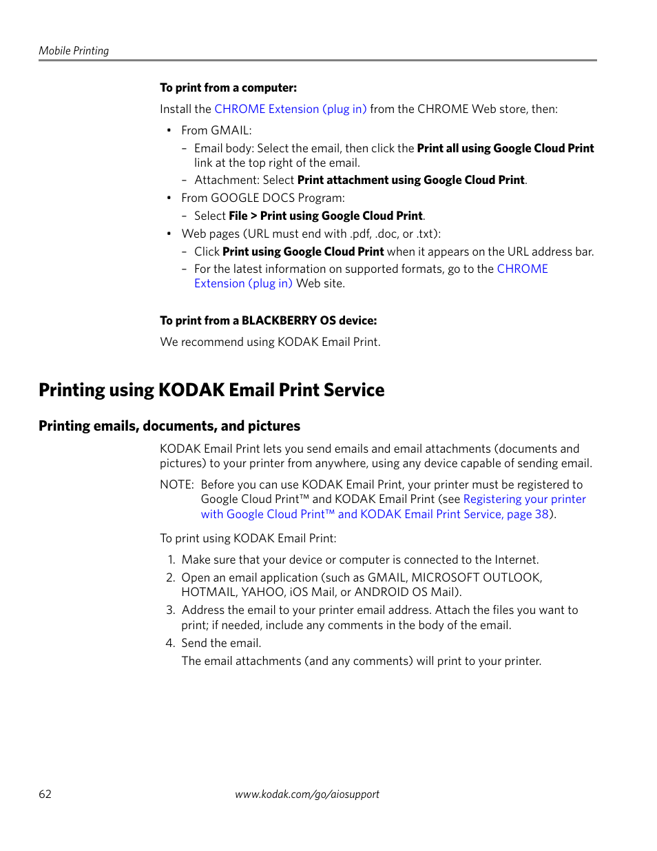 Printing using kodak email print service, Printing emails, documents, and pictures | Kodak EASTMAN 3.2S User Manual | Page 68 / 123