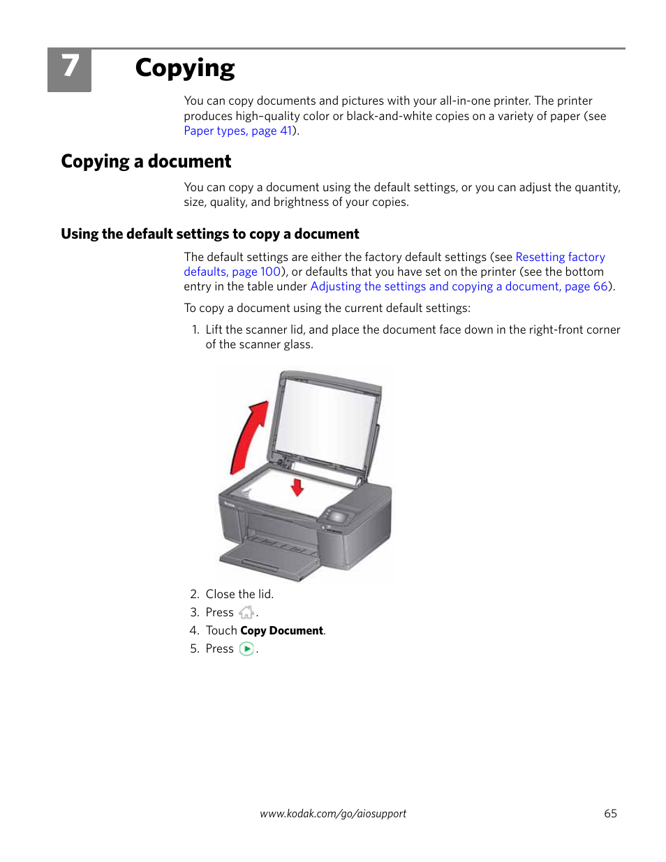 Copying, Copying a document, Using the default settings to copy a document | 7 copying | Kodak EASTMAN 3.2S User Manual | Page 71 / 123