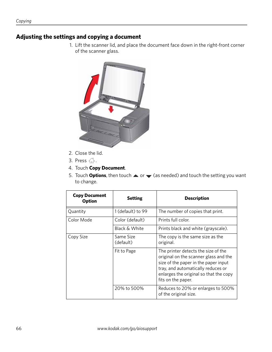 Adjusting the settings and copying a document, The table under | Kodak EASTMAN 3.2S User Manual | Page 72 / 123