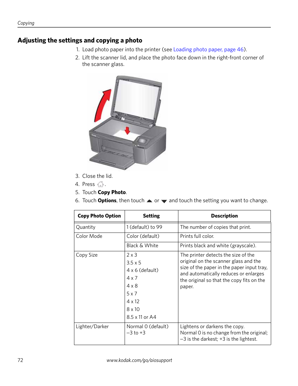 Adjusting the settings and copying a photo, The table under | Kodak EASTMAN 3.2S User Manual | Page 78 / 123