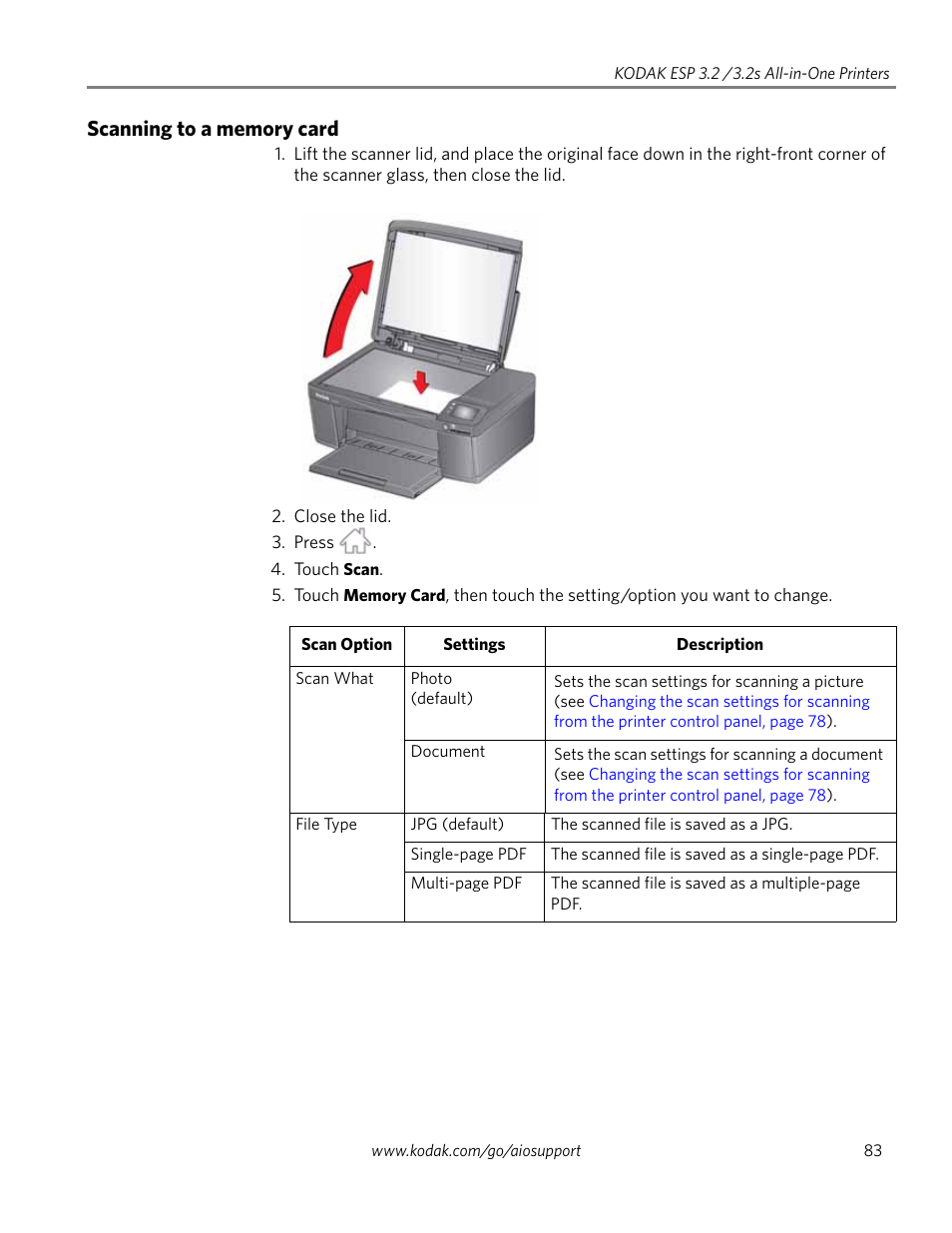 Scanning to a memory card | Kodak EASTMAN 3.2S User Manual | Page 89 / 123