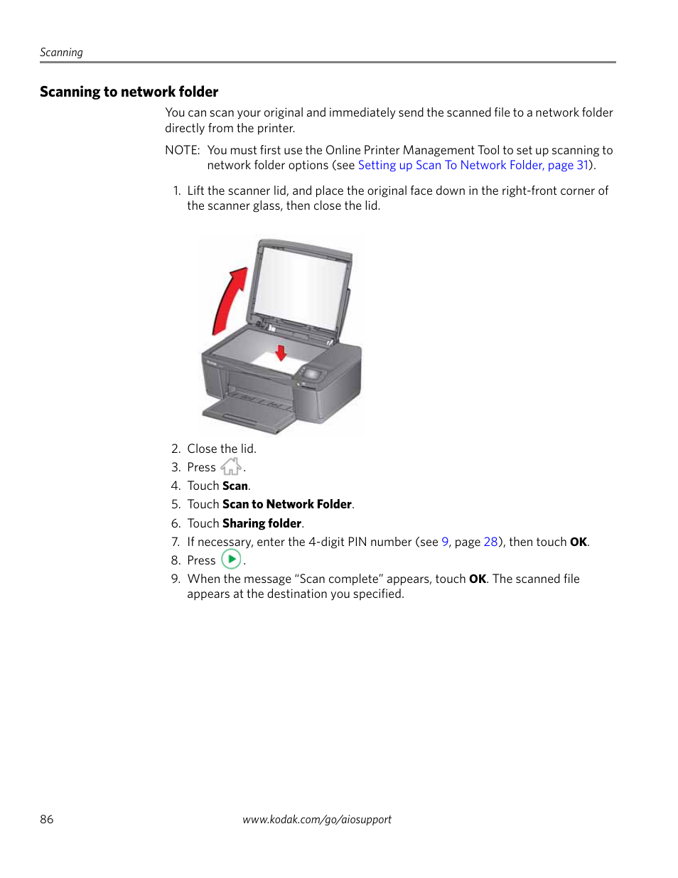 Scanning to network folder | Kodak EASTMAN 3.2S User Manual | Page 92 / 123