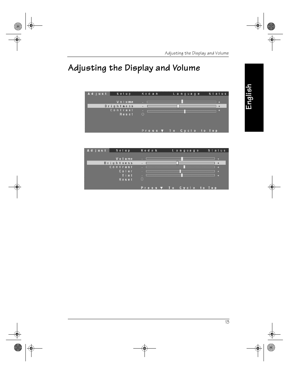 Adjusting the display and volume, English | Kodak V600 User Manual | Page 17 / 44