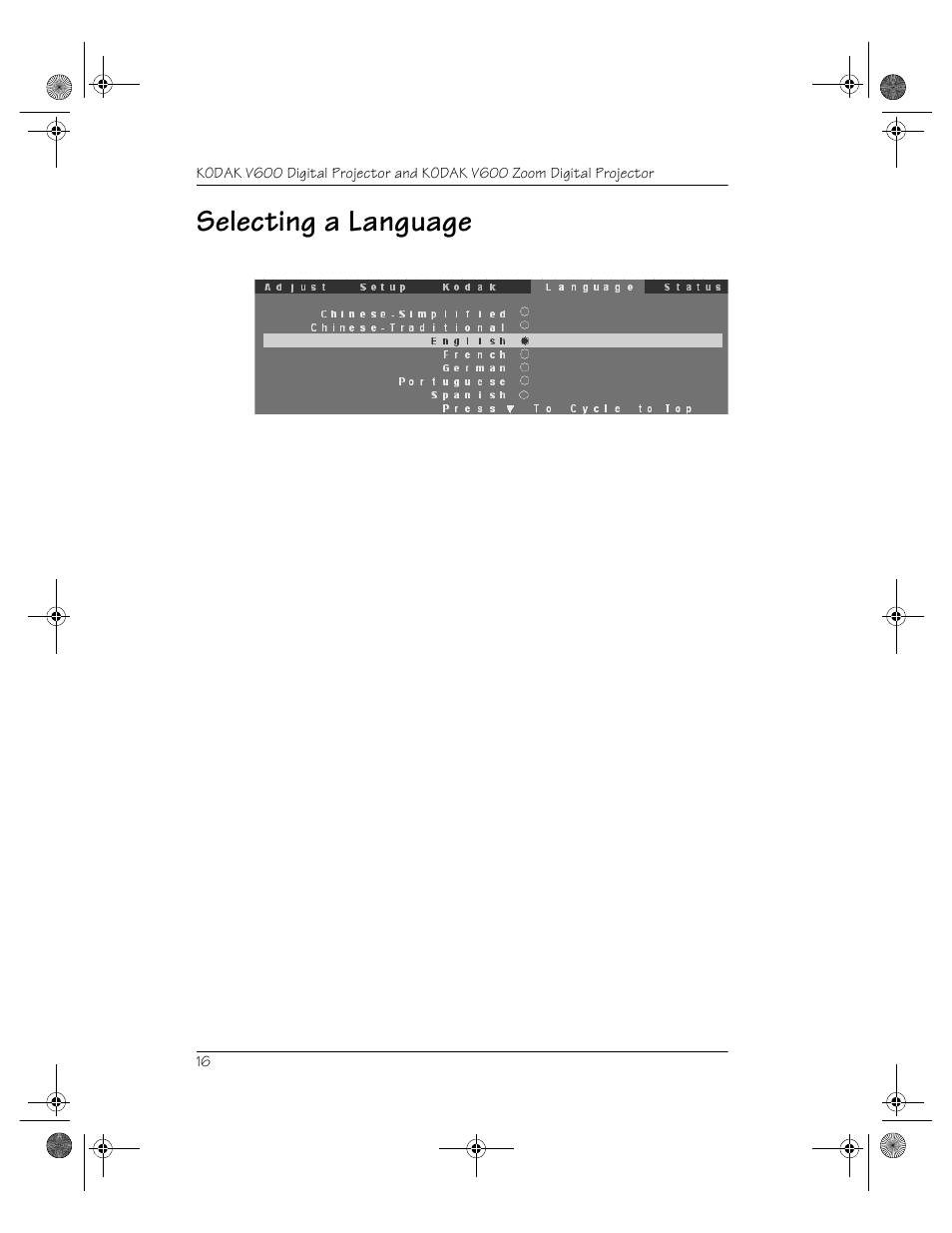 Selecting a language | Kodak V600 User Manual | Page 20 / 44