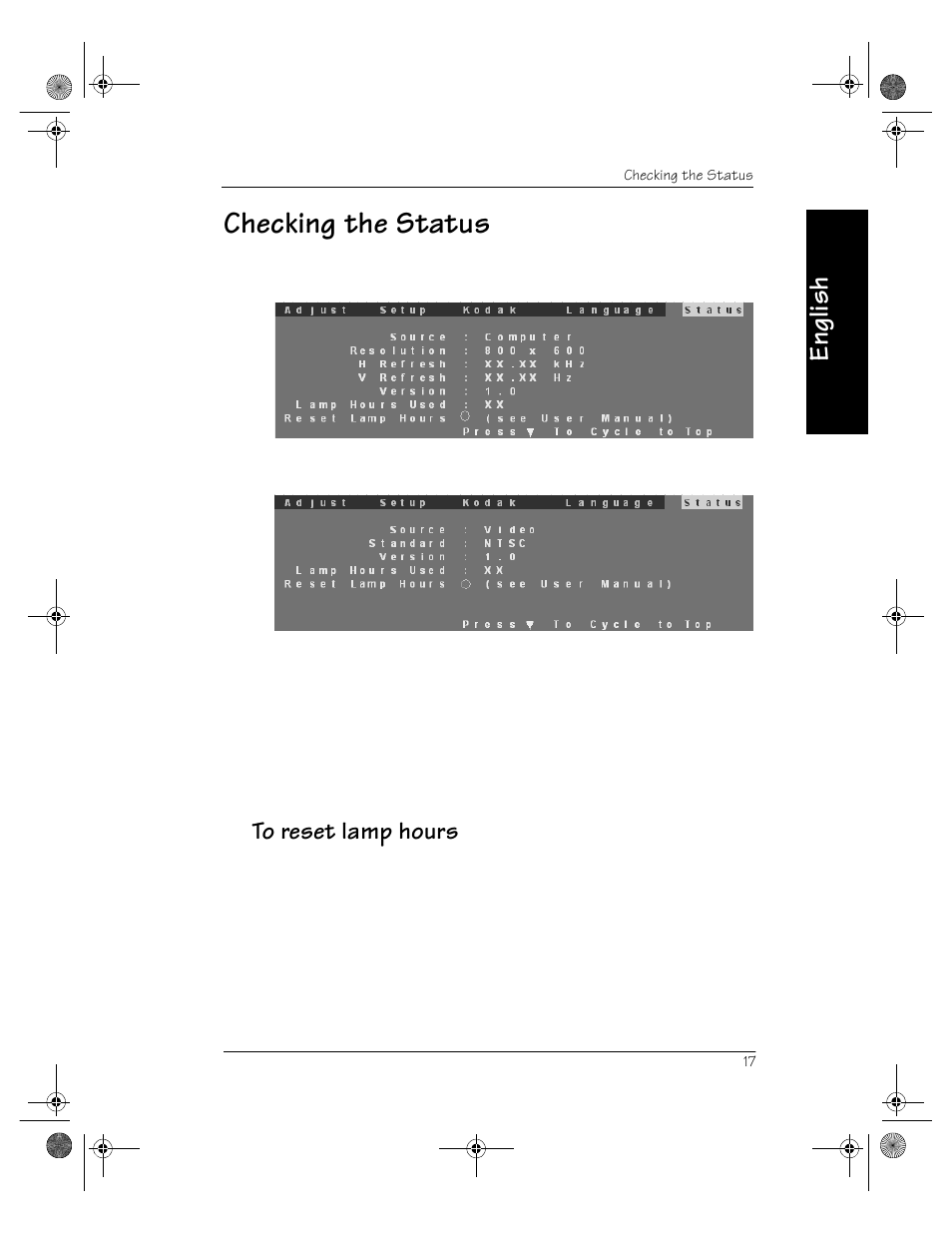 Checking the status, English | Kodak V600 User Manual | Page 21 / 44