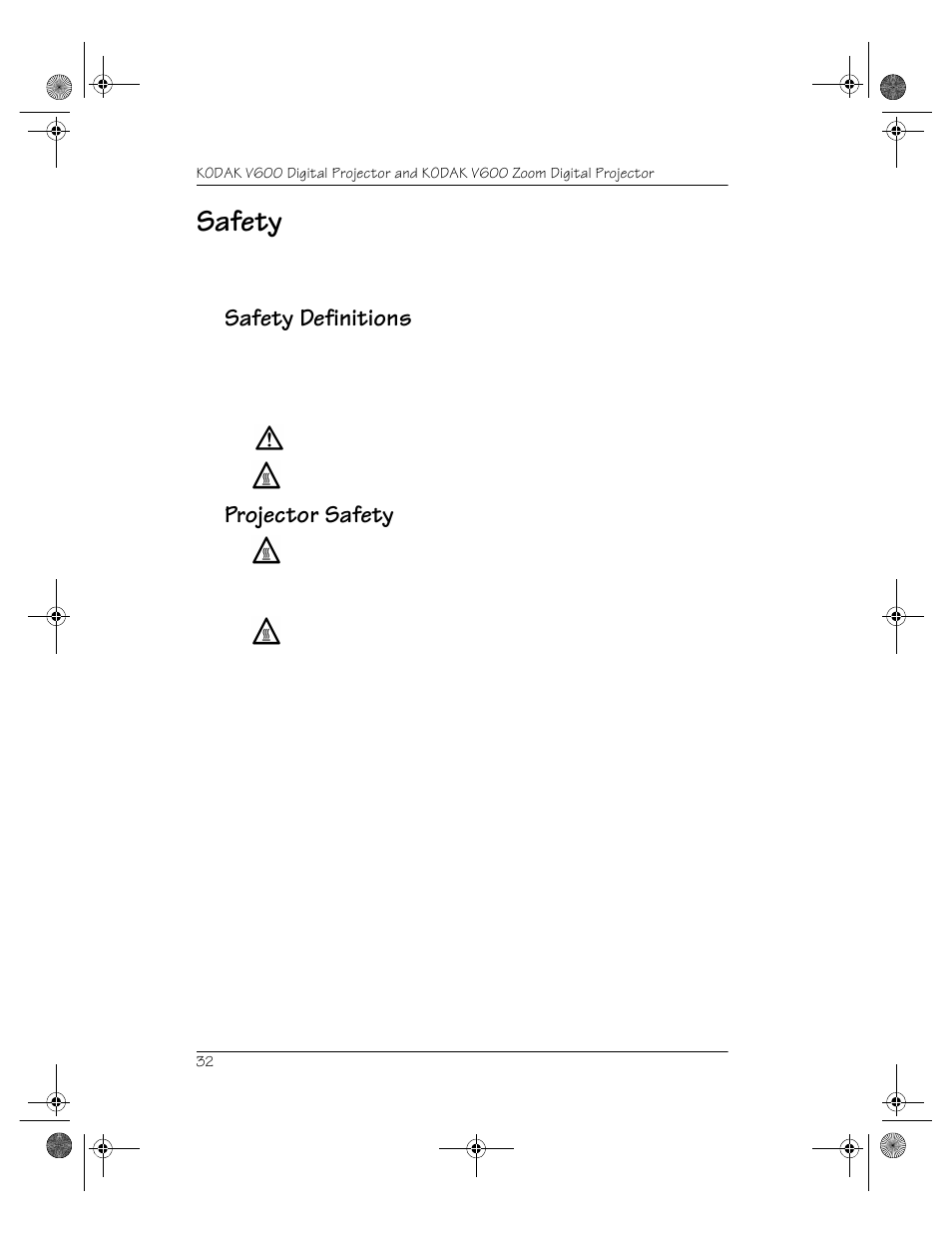 Safety, Safety definitions, Projector safety | Kodak V600 User Manual | Page 36 / 44