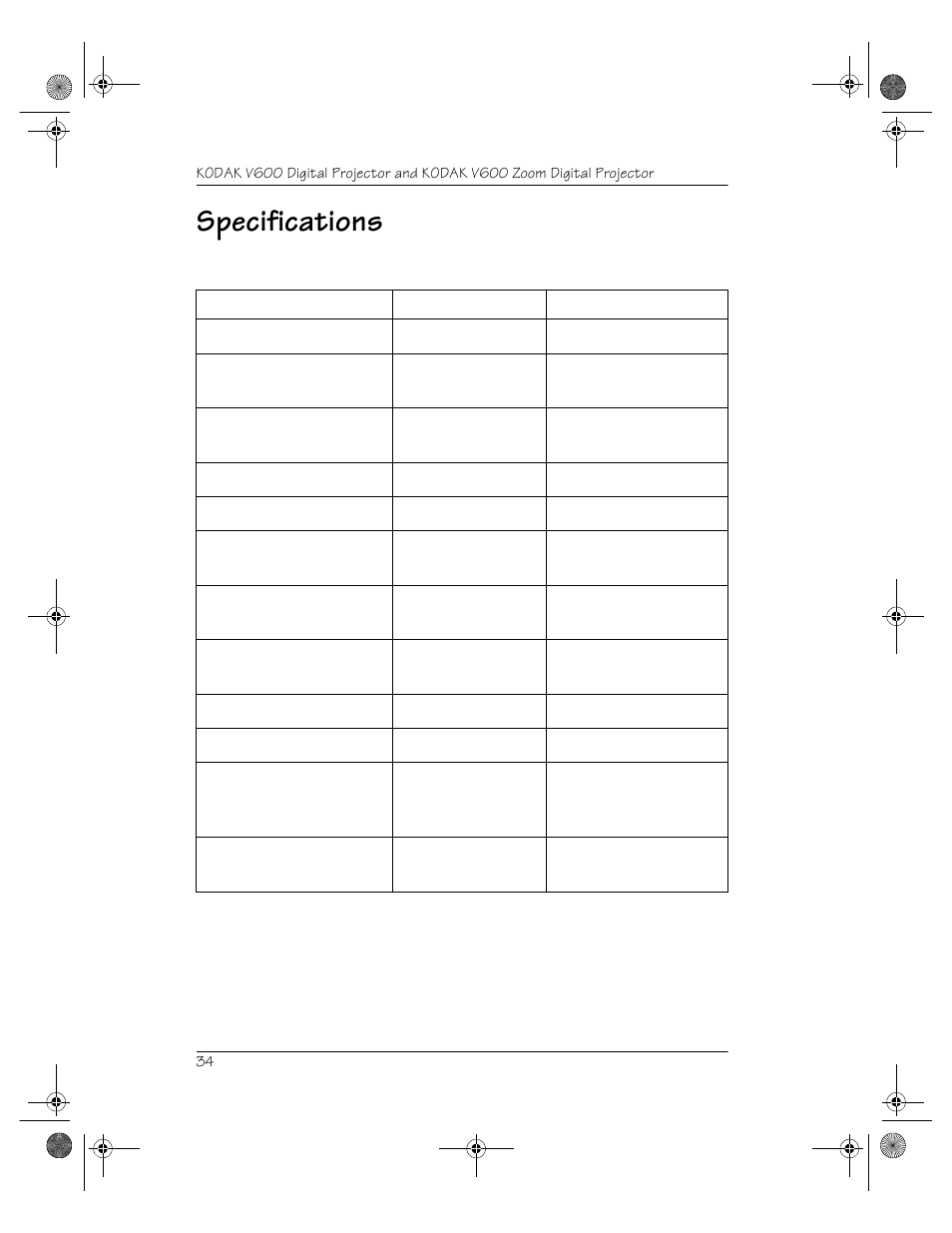 Specifications | Kodak V600 User Manual | Page 38 / 44