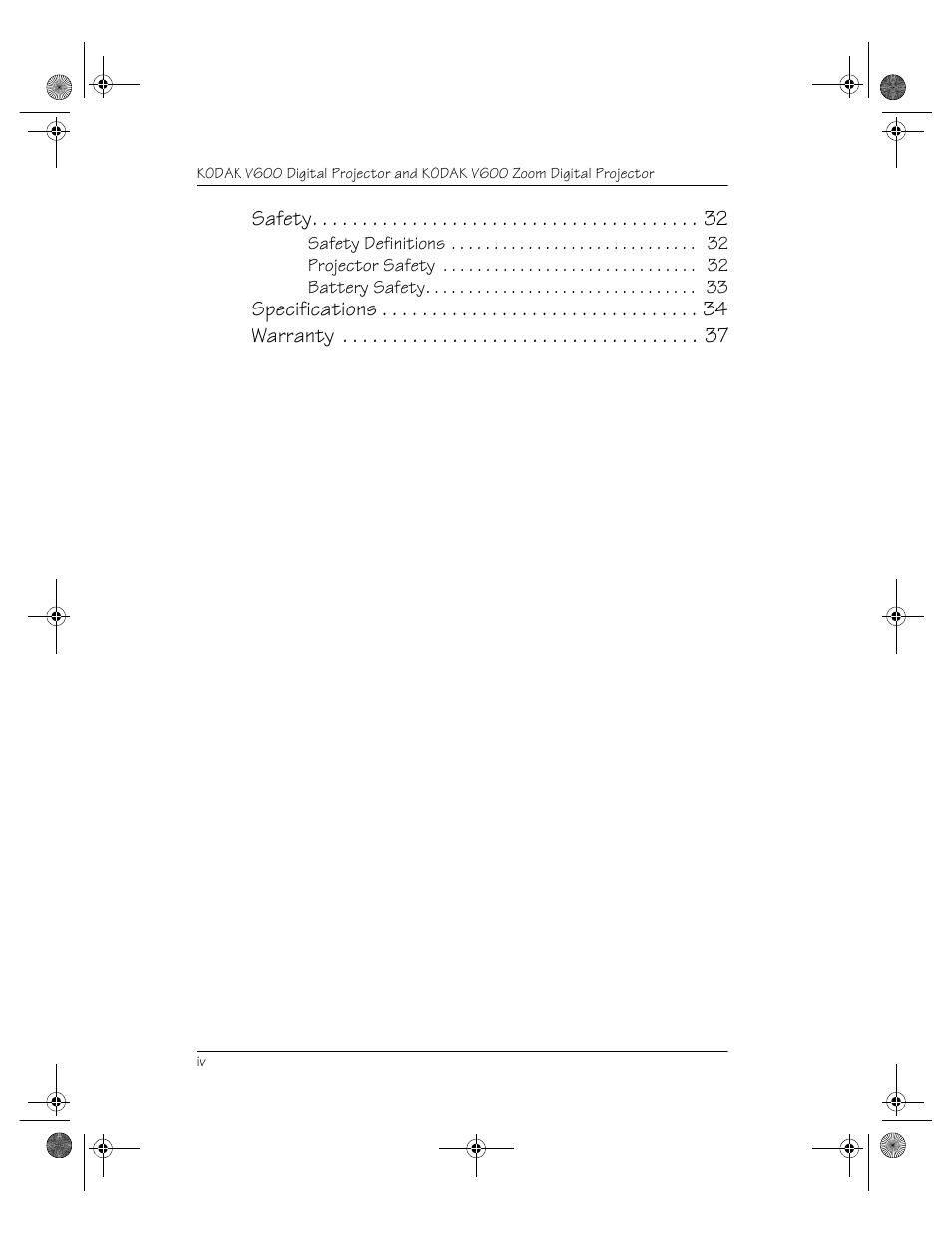 Safety, Specifications warranty | Kodak V600 User Manual | Page 4 / 44