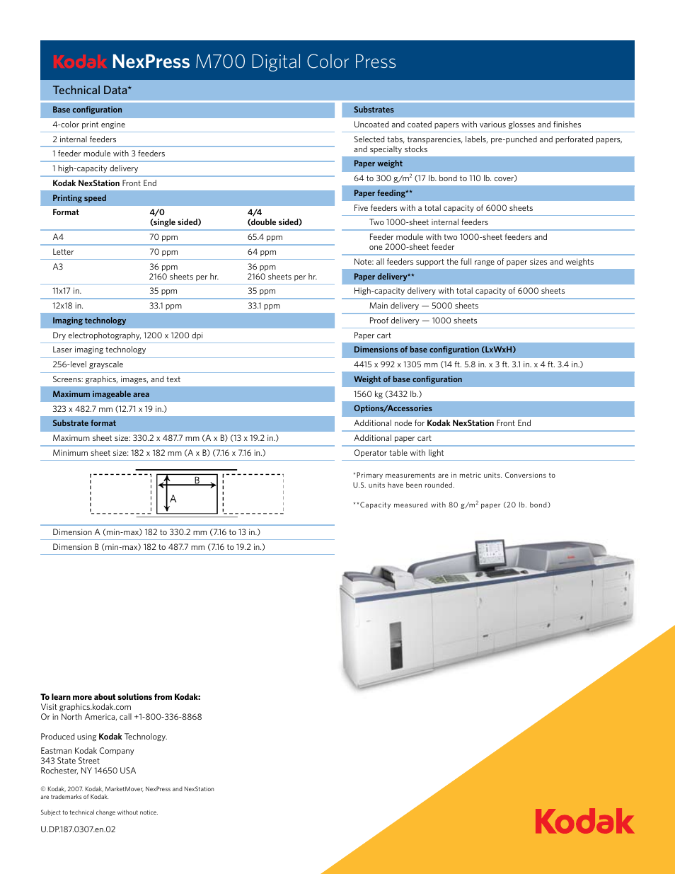 Nexpress m700 digital color press, Technical data | Kodak M700 User Manual | Page 2 / 2
