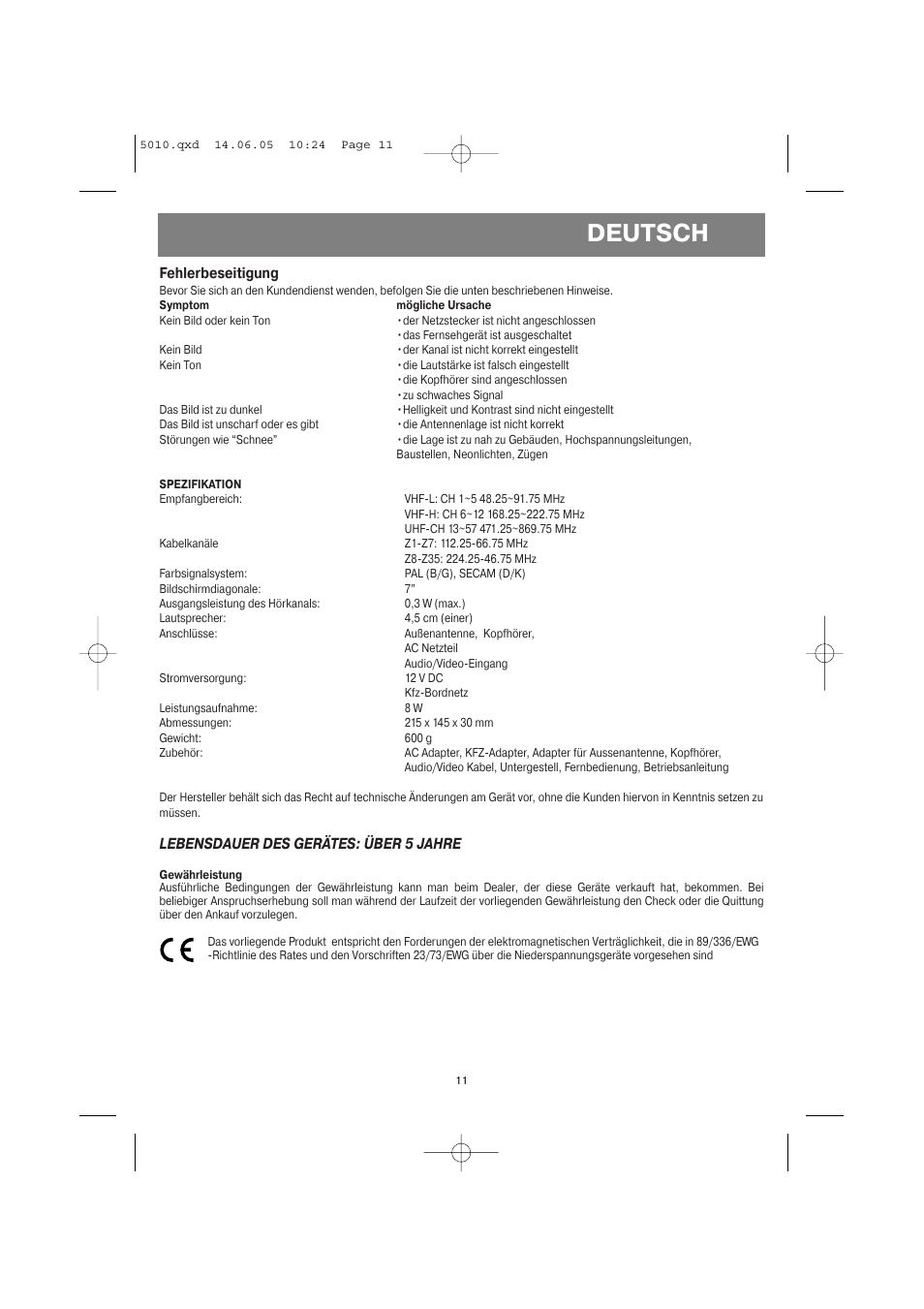 Deutsch, Fehlerbeseitigung, Lebensdauer des gerätes: über 5 jahre | Vitek VT-5010 SR User Manual | Page 11 / 20