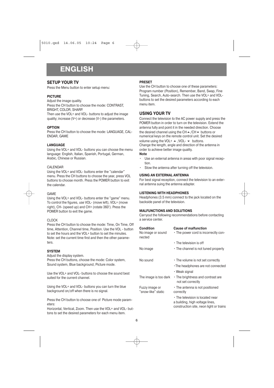 English, Setup your tv, Using your tv | Vitek VT-5010 SR User Manual | Page 6 / 20