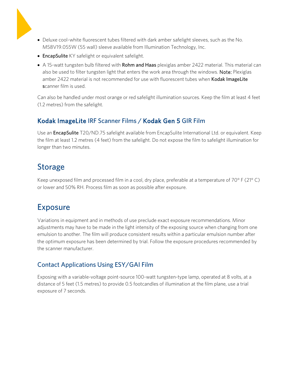 Storage, Exposure, Contact applications using esy/gai film | Kodak IMAGELITE GAI User Manual | Page 2 / 8