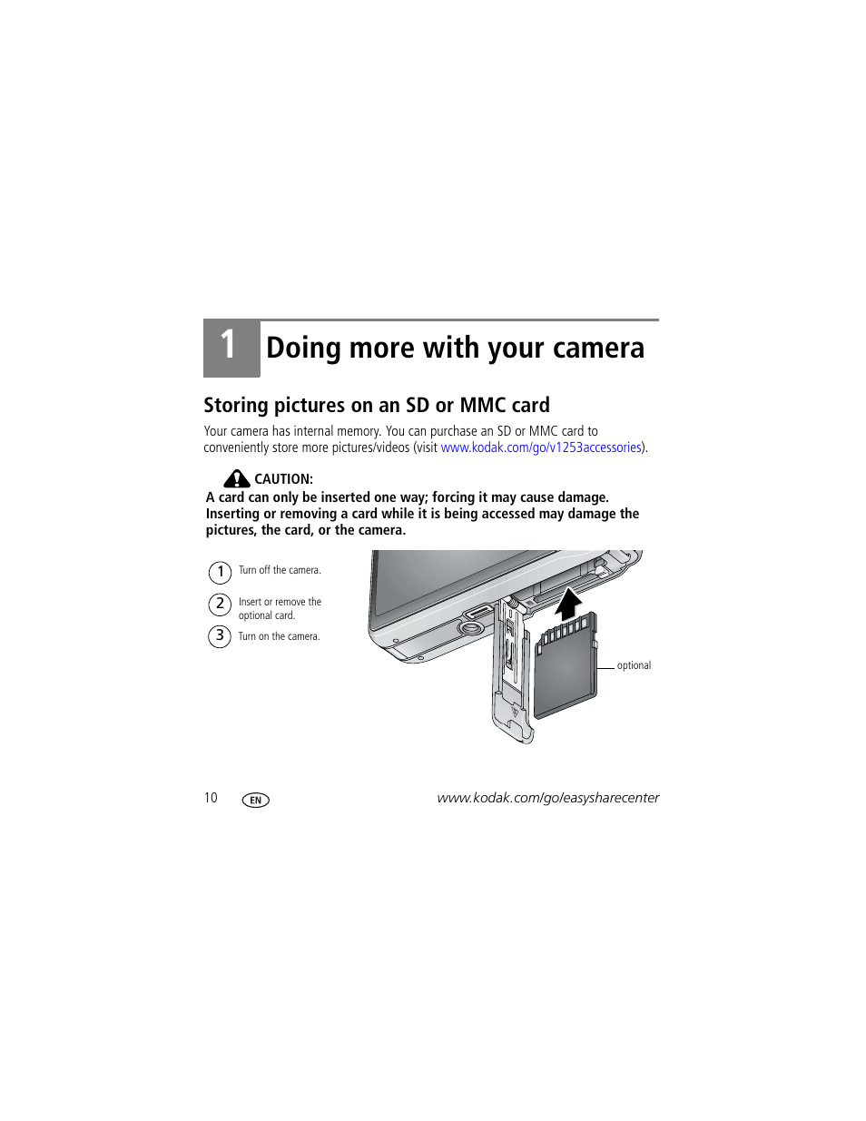 Doing more with your camera, Storing pictures on an sd or mmc card | Kodak KLIC-7004 User Manual | Page 10 / 27