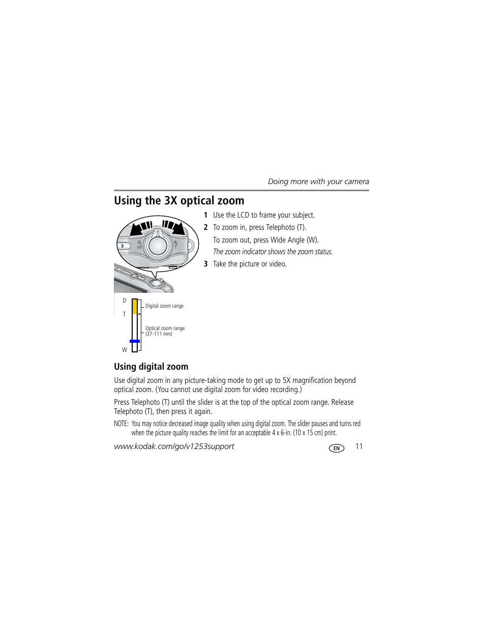 Using the 3x optical zoom, Using digital zoom | Kodak KLIC-7004 User Manual | Page 11 / 27