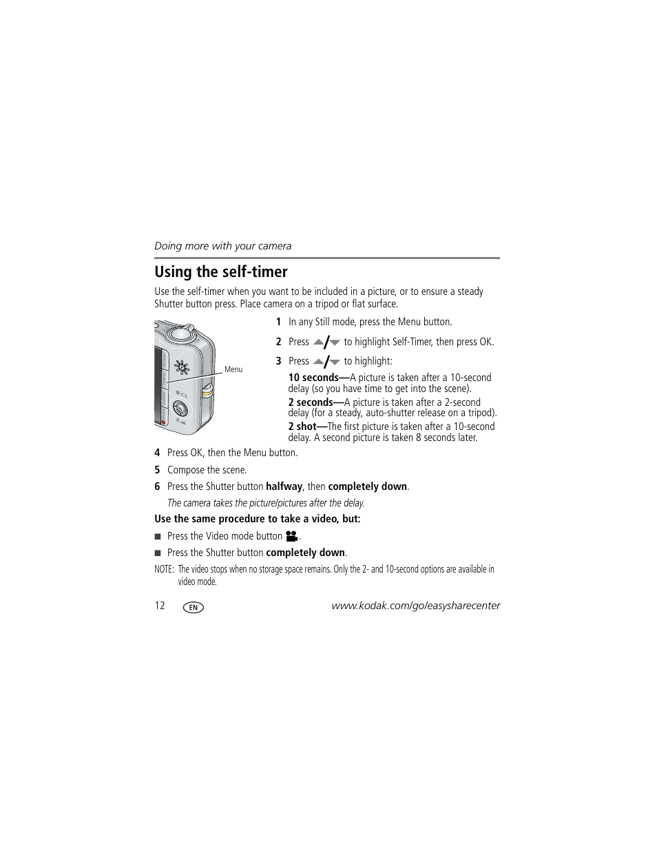 Using the self-timer | Kodak KLIC-7004 User Manual | Page 12 / 27