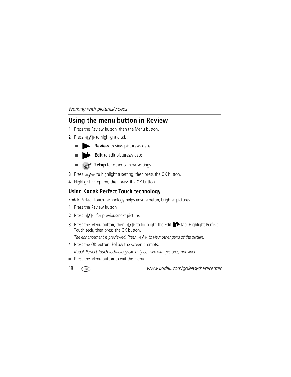 Using the menu button in review | Kodak KLIC-7004 User Manual | Page 18 / 27